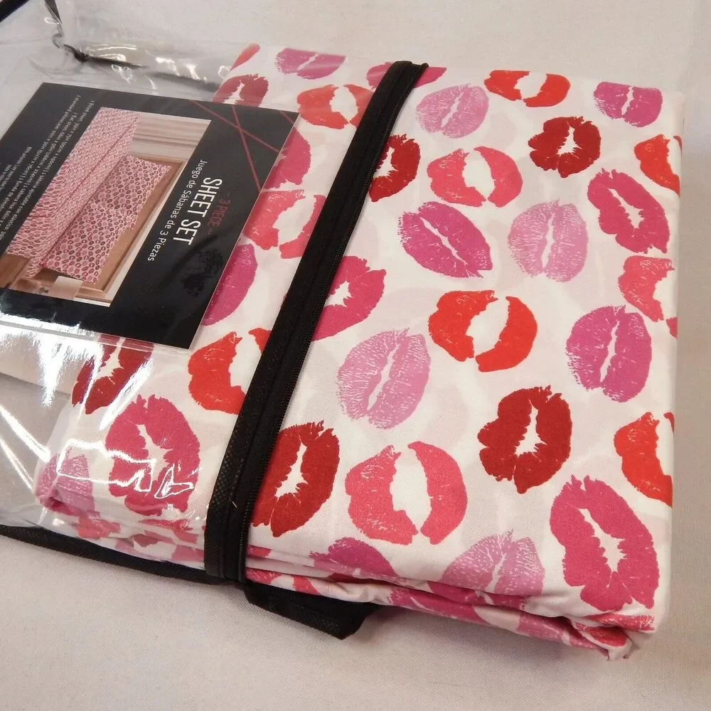 Valentines Day Red Pink Lips KISS  Love Lipstick TWIN Sheet 3 pc Set Girls Teen